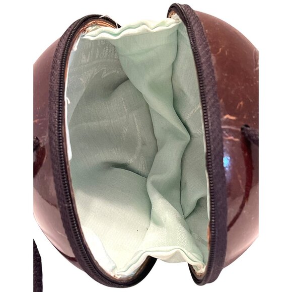 Shoulder Clutch Purse Brown Coconut Shell Carved Fish Zipper Close Lined Vintage - Picture 3 of 10